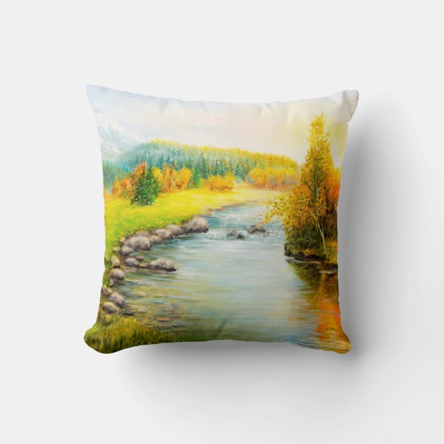  oil painting of beautifl autumn landscape, forest throw pillow (Front)