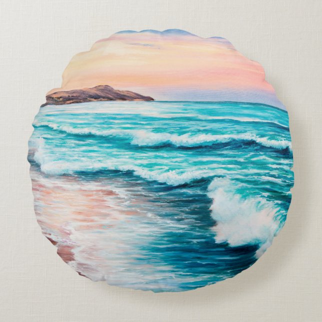  oil painting of beautiful purple sunset over ocea round pillow (Front)