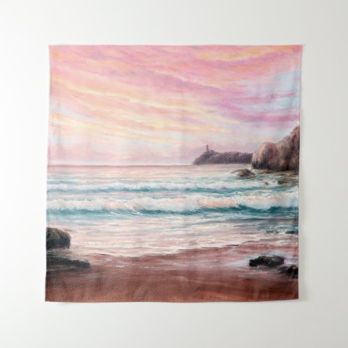  oil painting of beautiful purple sunset over ocea tapestry