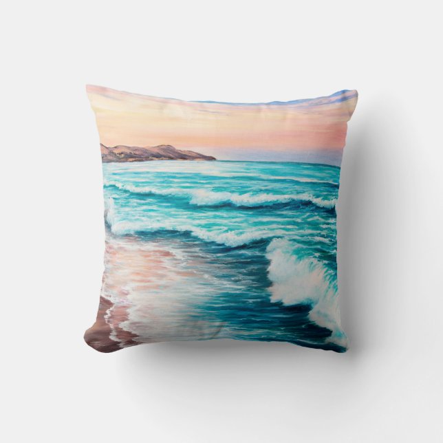  oil painting of beautiful purple sunset over ocea throw pillow (Front)