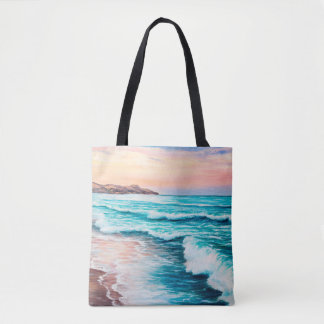oil painting of beautiful purple sunset over ocea tote bag