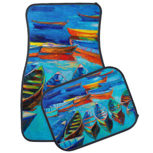 oil painting of boats and sea on canvas. Sunset o Car Floor Mat