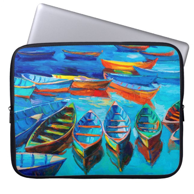  oil painting of boats and sea on canvas. Sunset o Laptop Sleeve (Front)