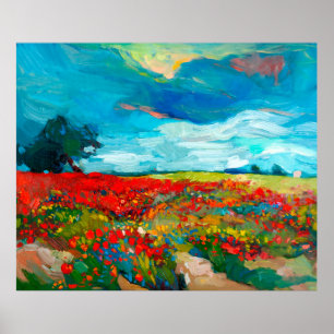  oil painting of fields of flowers on canvas. Coun Poster
