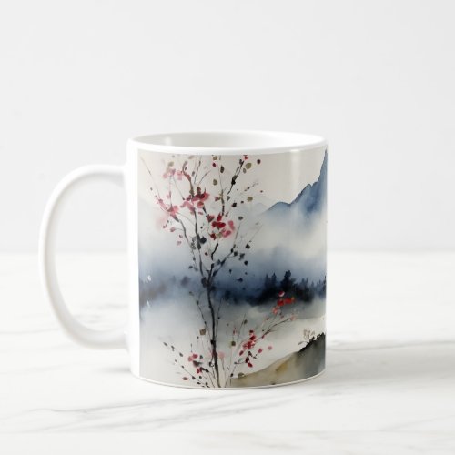 Oil painting of mountains covered in fog coffee mug