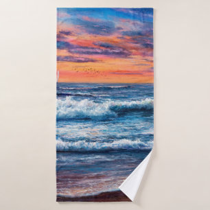 oil painting of Ocean and beach on canvas. Rich g Bath Towel