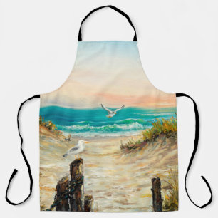 oil painting of ocean beach dunes with seagulls o apron