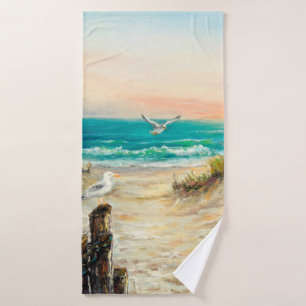 oil painting of ocean beach dunes with seagulls o bath towel