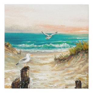 oil painting of ocean beach dunes with seagulls o faux canvas print
