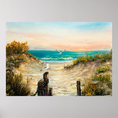  oil painting of ocean beach dunes with seagulls o poster