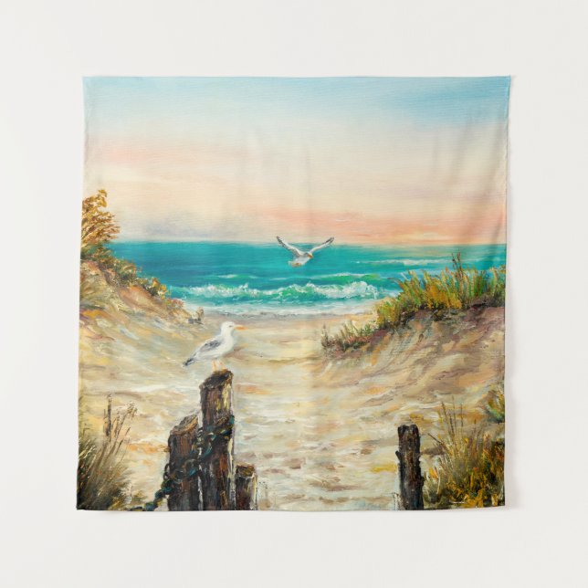  oil painting of ocean beach dunes with seagulls o tapestry (Front)