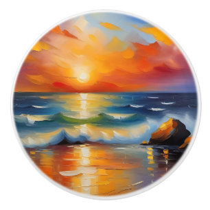 Oil Painting of orange sunset over the ocean Ceramic Knob