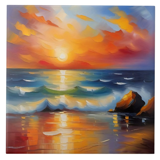 Oil Painting of orange sunset over the ocean Ceramic Tile (Front)