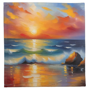 Oil Painting of orange sunset over the ocean Cloth Napkin