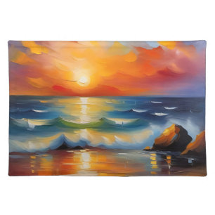 Oil Painting of orange sunset over the ocean Cloth Placemat