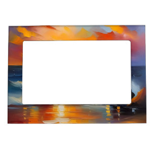 Oil Painting of orange sunset over the ocean Magnetic Frame