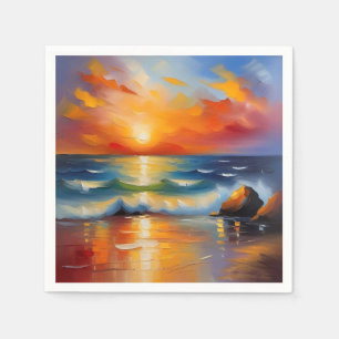 Oil Painting of orange sunset over the ocean Napkins