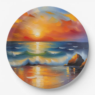 Oil Painting of orange sunset over the ocean Paper Plates