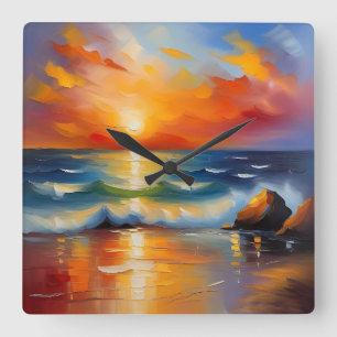 Oil Painting of orange sunset over the ocean Square Wall Clock