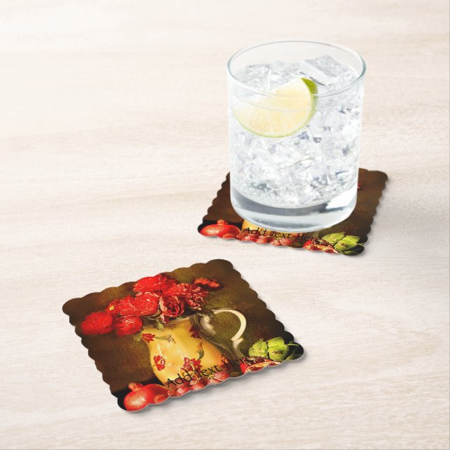 Oil Painting of Red Flowers and Fresh Fruits Paper Coaster (Insitu)