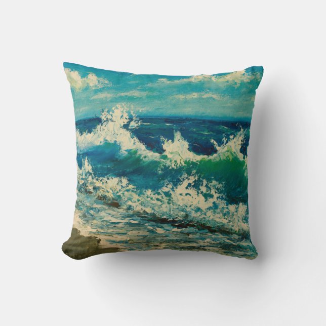  oil painting of sea beach, beautiful waves on can throw pillow (Front)