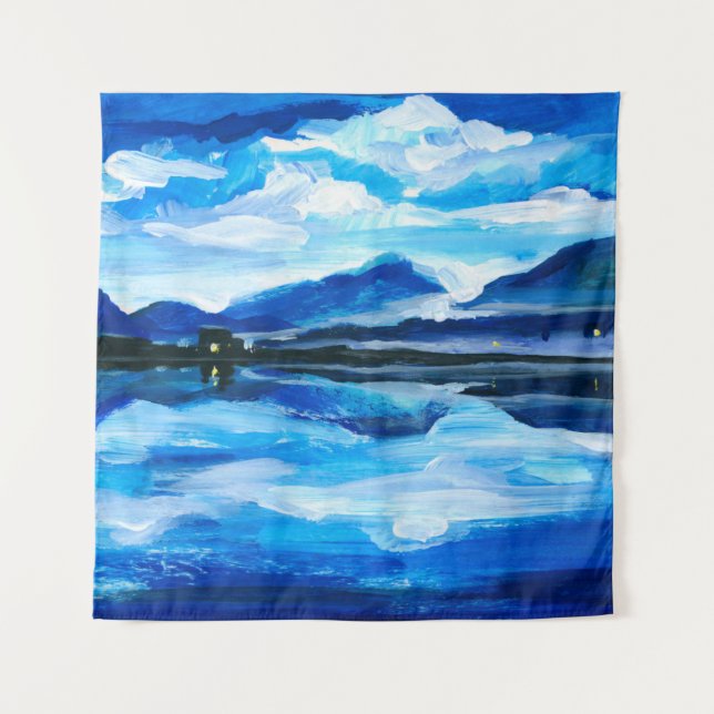  Oil Painting of the twilight on mountain lake. Al Tapestry (Front)