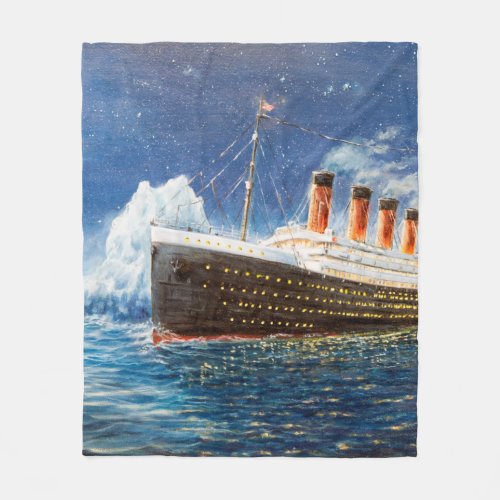  oil painting of Titanic and iceberg in ocean at n Fleece Blanket