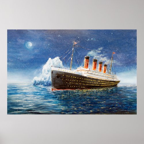  oil painting of Titanic and iceberg in ocean at n Poster