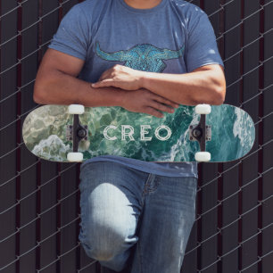 Oil painting of tropical ocean surf skateboard