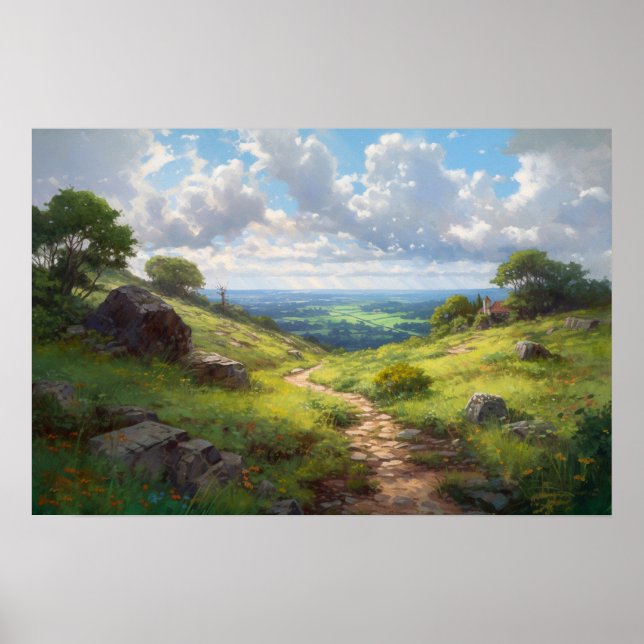 Oil painting of winding path on hilltop meadow poster (Front)