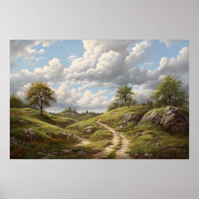 Oil painting of winding path through cottage hills poster (Front)