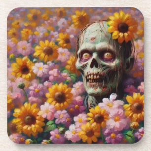 Oil Painting of Zombie in Flower Field Halloween Beverage Coaster