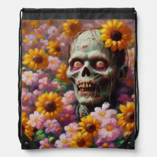 Oil Painting of Zombie in Flower Field Halloween Drawstring Bag