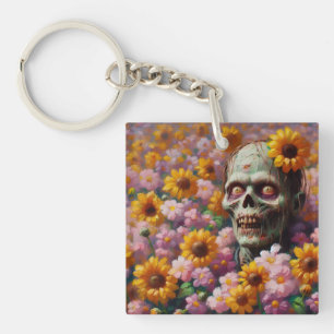 Oil Painting of Zombie in Flower Field Halloween Keychain