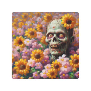 Oil Painting of Zombie in Flower Field Halloween Metal Print