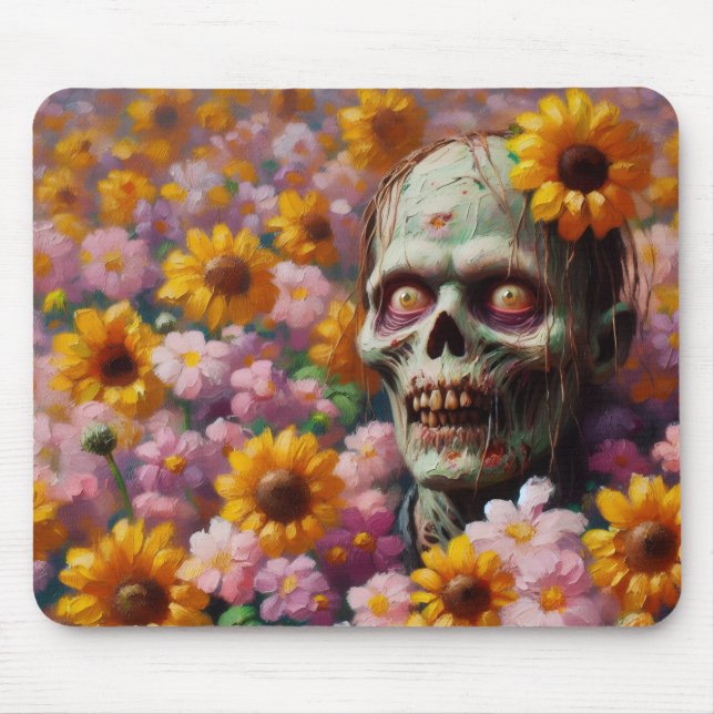 Oil Painting of Zombie in Flower Field Halloween Mouse Pad (Front)