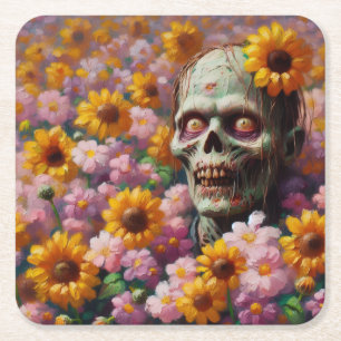 Oil Painting of Zombie in Flower Field Halloween Square Paper Coaster