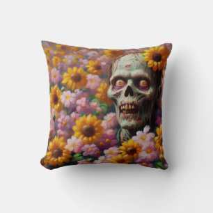 Oil Painting of Zombie in Flower Field Halloween Throw Pillow