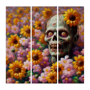 Oil Painting of Zombie in Flower Field Halloween Triptych