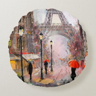 oil painting on canvas, street view of Paris. Artw Round Pillow