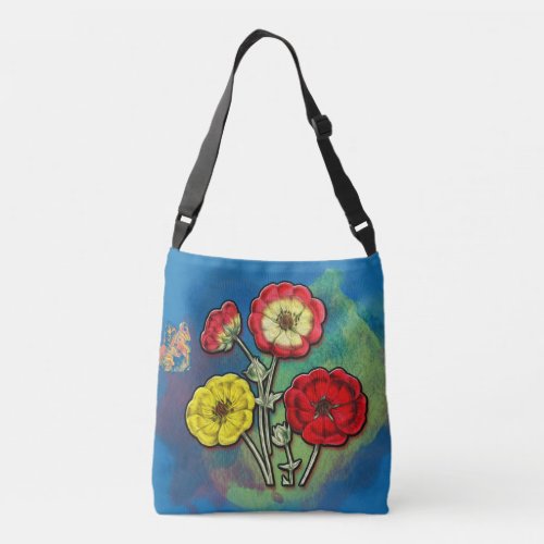 Oil Painting Poppies Butterfly Red and Yellow Crossbody Bag
