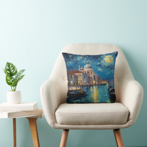 Oil painting port town and house by the lake throw pillow