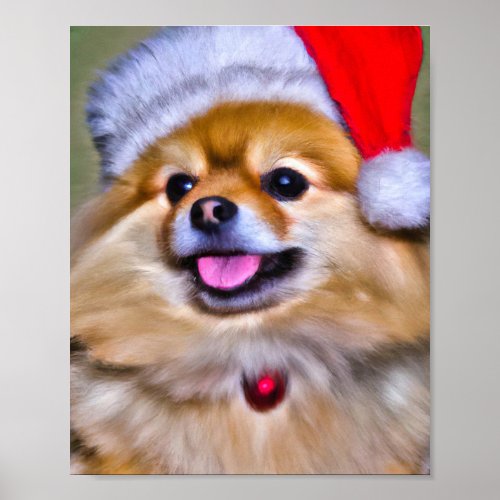 Oil Painting Portrait of Pomeranian in Santa Hat Poster