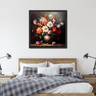 Oil painting red and white flowers antique vase framed art