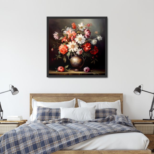 Oil painting red and white flowers antique vase framed art (Bedroom)