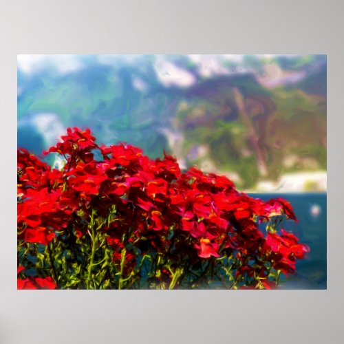 Oil Painting _ Red Flowers at Lake Garda Italy Poster