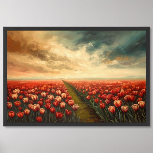 Oil painting red tulips field rainy sky framed art