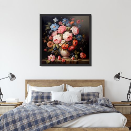 Oil painting red white blue magenta peach flowers framed art