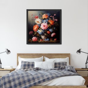 Oil painting red white blue magenta peach flowers framed art