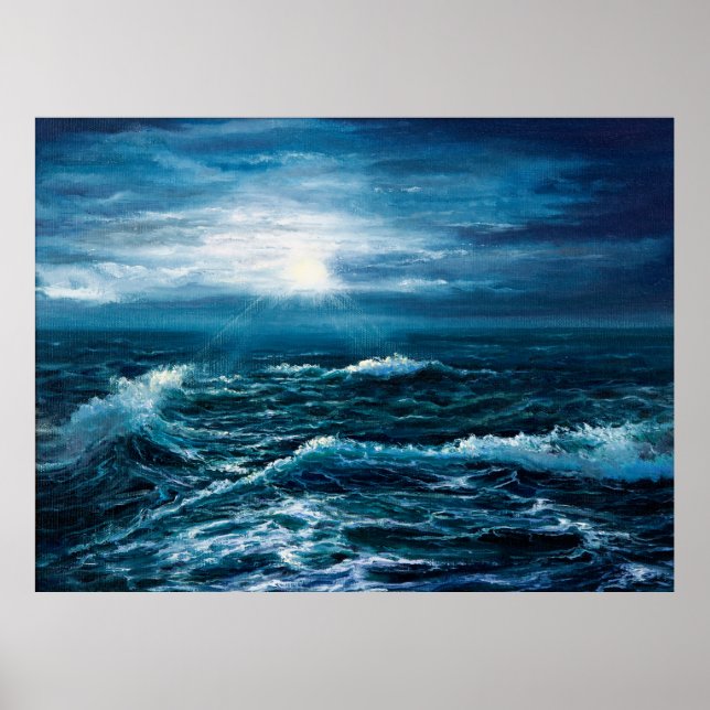  oil painting showing waves in ocean or sea on can poster (Front)